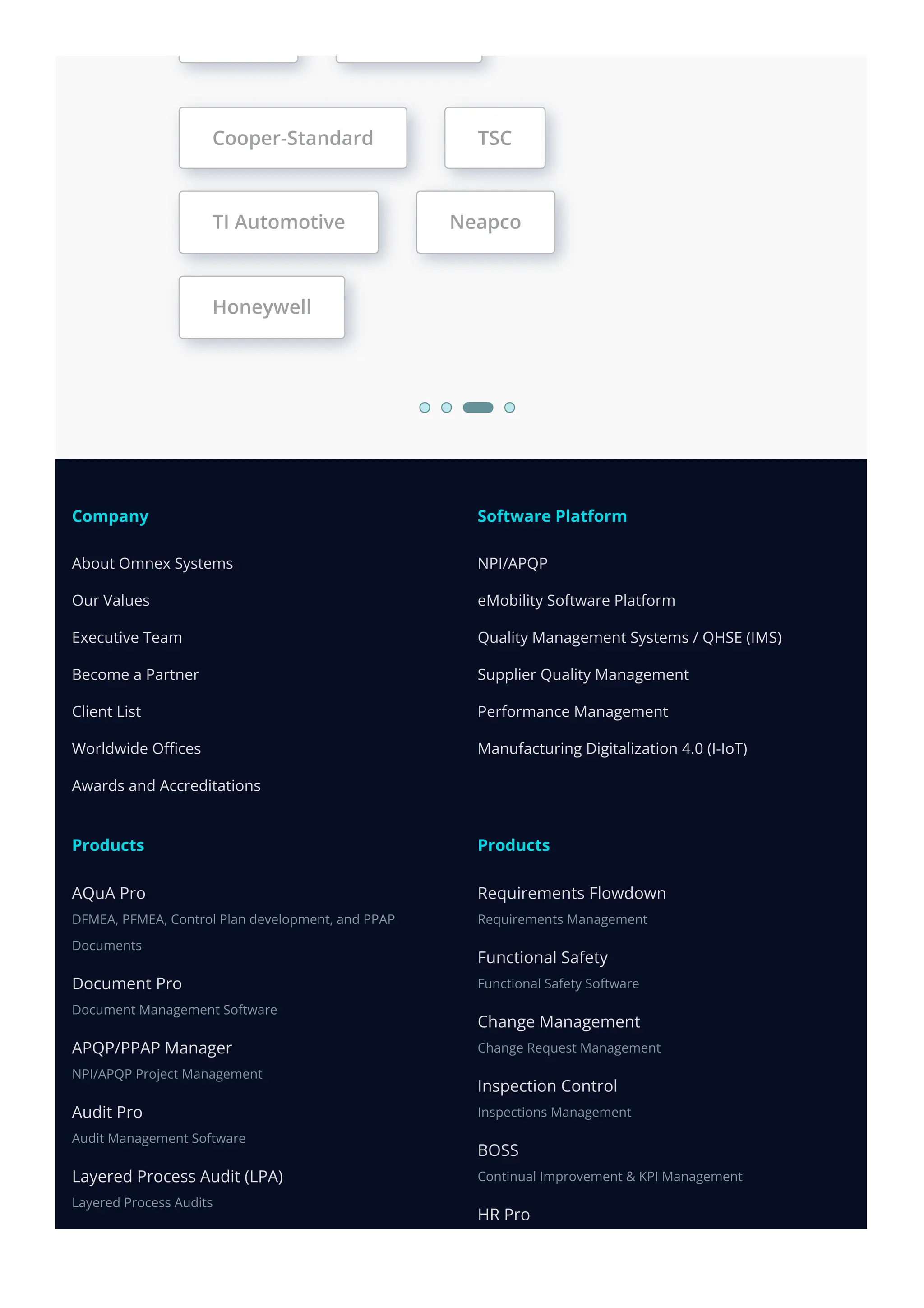 Cooper-Standard TSC
TI Automotive Neapco
Honeywell
→
Company
About Omnex Systems
Our Values
Executive Team
Become a Partner
Client List
Worldwide Offices
Awards and Accreditations
Software Platform
NPI/APQP
eMobility Software Platform
Quality Management Systems / QHSE (IMS)
Supplier Quality Management
Performance Management
Manufacturing Digitalization 4.0 (I-IoT)
Products
AQuA Pro
DFMEA, PFMEA, Control Plan development, and PPAP
Documents
Document Pro
Document Management Software
APQP/PPAP Manager
NPI/APQP Project Management
Audit Pro
Audit Management Software
Layered Process Audit (LPA)
Layered Process Audits
Products
Requirements Flowdown
Requirements Management
Functional Safety
Functional Safety Software
Change Management
Change Request Management
Inspection Control
Inspections Management
BOSS
Continual Improvement & KPI Management
HR Pro
 