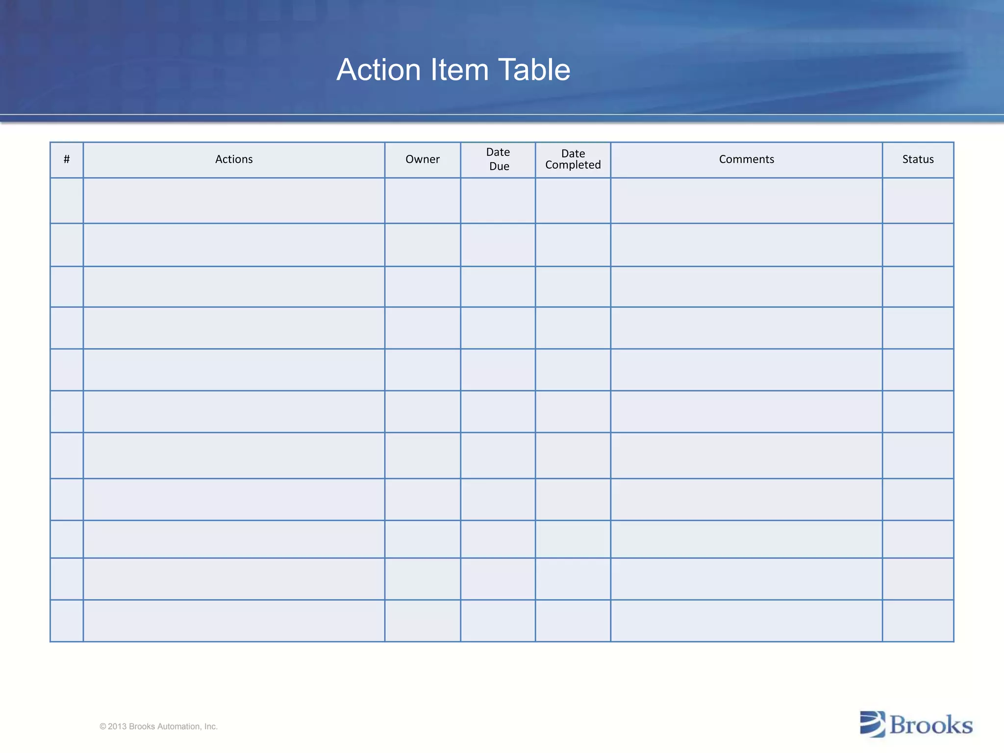 © 2013 Brooks Automation, Inc.
# Actions Owner
Date
Due
Date
Completed Comments Status
Action Item Table
 
