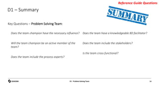 D1 – Summary
Key Questions – Problem Solving Team:
Reference Guide Questions
D1 - Problem Solving Team 14
Does the team champion have the necessary influence?
Will the team champion be an active member of the
team?
Does the team include the process experts?
Does the team have a knowledgeable 8D facilitator?
Does the team include the stakeholders?
Is the team cross-functional?
 