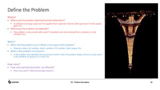 Define the Problem
D2 - Problem Description 20
Where?
 Where was the problem detected and who detected it?
 At Oshkosh receiving inspection? At supplier final inspection? By the shift supervisor? At the quality
gate? Etc.
 Where was the problem not detected?
 The problem is only present after paint? Complaints are only received from customers in cold
climates? Etc.
When?
 When did the problem occur? What is the scope of the problem?
 Shipment dates, lot numbers, batch numbers, PO numbers, date ranges, Etc.
 When is the problem not present?
 Is the problem only identified during humid months? Does the problem impact all lots or only some?
Is the problem on-going or is it new? Etc.
How many?
 How many parts/products/etc. are affected?
 How many parts? What percentage of parts?
 