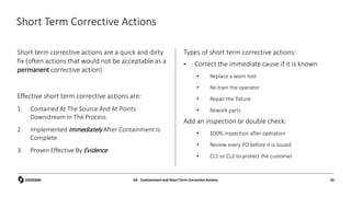 Short Term Corrective Actions
Short term corrective actions are a quick and dirty
fix (often actions that would not be acceptable as a
permanent corrective action)
Effective short term corrective actions are:
1. Contained At The Source And At Points
Downstream In The Process
2. Implemented Immediately After Containment Is
Complete
3. Proven Effective By Evidence
Types of short term corrective actions:
• Correct the immediate cause if it is known
• Replace a worn tool
• Re-train the operator
• Repair the fixture
• Rework parts
Add an inspection or double check:
• 100% inspection after operation
• Review every PO before it is issued
• CL1 or CL2 to protect the customer
D3 - Containment and Short Term Corrective Actions 33
 