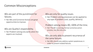 Common Misconceptions
8Ds are part of the punishment for
failures.
 No! 8Ds and Corrective Actions are great
opportunities to improve.
8Ds are Quality’s responsibility.
 No! Problem solving only works when the
experts are involved.
8Ds are only for quality issues.
 No! Problem solving processes can be applied to
any type of problem (cost, quality, delivery).
Problem solving means 8D, 100% of the time.
 No! The 8D is a strong, formal corrective action
process, not the only one.
8Ds are only able to prevent recurrence of
the same failures.
 No! 8Ds should also address system weaknesses in
order to prevent related failures.
Introduction 5
 