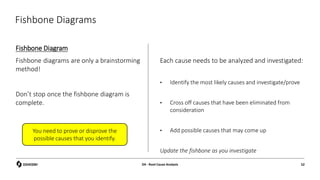 Fishbone Diagrams
Fishbone Diagram
D4 - Root Cause Analysis 52
Fishbone diagrams are only a brainstorming
method!
Don’t stop once the fishbone diagram is
complete.
Each cause needs to be analyzed and investigated:
• Identify the most likely causes and investigate/prove
• Cross off causes that have been eliminated from
consideration
• Add possible causes that may come up
Update the fishbone as you investigate
You need to prove or disprove the
possible causes that you identify.
 