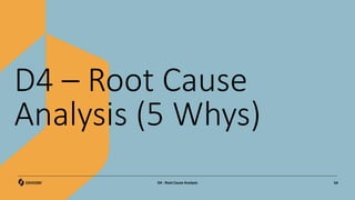 D4 – Root Cause
Analysis (5 Whys)
54
D4 - Root Cause Analysis
 