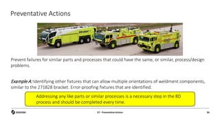 Preventative Actions
Prevent failures for similar parts and processes that could have the same, or similar, process/design
problems.
Example A: Identifying other fixtures that can allow multiple orientations of weldment components,
similar to the 271828 bracket. Error-proofing fixtures that are identified.
D7 - Preventative Actions 83
Addressing any like parts or similar processes is a necessary step in the 8D
process and should be completed every time.
 