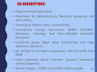 2D-DISCRIPTORS:
• Physicochemical descriptors.
• Parameters for Hydrophobicity, Electronic properties, and
Steric effects.
• Topological, Wiener index, Constitutional,
• Geometrical, Charge, Information, WHIM, GETAWAY,
(GEometry, Topology, and Atom-Weights AssemblY)
descriptors
• Functional group, Eigen value, Connectivity and Edge
adjacency indices etc.
• pKa (limited to ionizable compounds) , chemical shifts from
NMR
• redox potentials, dipole moments, quantum mechanical
derived properties
• Atomic charges , HOMO and LUMO orbital energies 15
 