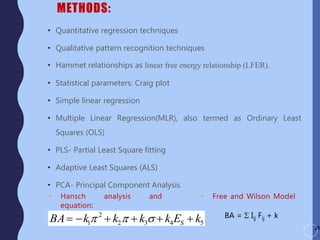 METHODS:
• Quantitative regression techniques
• Qualitative pattern recognition techniques
• Hammet relationships as linear free energy relationship (LFER).
• Statistical parameters: Craig plot
• Simple linear regression
• Multiple Linear Regression(MLR), also termed as Ordinary Least
Squares (OLS)
• PLS- Partial Least Square fitting
• Adaptive Least Squares (ALS)
• PCA- Principal Component Analysis
25
BA k1 2
 k2  k3s  k4ES  k5
BA = S Iij Fij + k
• Hansch analysis and
equation:
• Free and Wilson Model
:
 