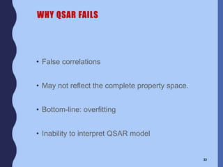 WHY QSAR FAILS
• False correlations
• May not reflect the complete property space.
• Bottom-line: overfitting
• Inability to interpret QSAR model
33
 