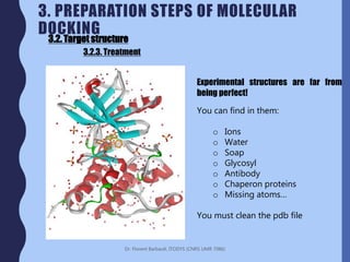 Dr. Florent Barbault, ITODYS (CNRS UMR 7086)
3. PREPARATION STEPS OF MOLECULAR
DOCKING
3.2. Target structure
3.2.3. Treatment
Experimental structures are far from
being perfect!
You can find in them:
o Ions
o Water
o Soap
o Glycosyl
o Antibody
o Chaperon proteins
o Missing atoms…
You must clean the pdb file
 