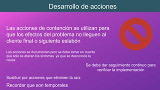 Desarrollo de acciones
Las acciones de contención se utilizan para
que los efectos del problema no lleguen al
cliente final o siguiente eslabón
Las acciones se documentan pero se debe tomar en cuenta
que solo se atacan los síntomas ya que se desconoce la
causa

Se debe dar seguimiento continuo para
verificar la implementación

Sustituir por acciones que eliminen la raíz

Recordar que son temporales

 