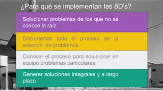¿Para qué se implementan las 8D’s?
Solucionar problemas de los que no se
conoce la raíz

Documentar todo el proceso de la
solución de problemas
Conocer el proceso para solucionar en
equipo problemas particulares
Generar soluciones integrales y a largo
plazo

 