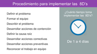 Procedimiento para implementar las 8D’s
Definir el problema

¿Cuánto tiempo toma
implementar las 8D’s?

Formar el equipo
Describir el problema

Desarrollar acciones de contención
Definir la causa raíz
Desarrollar acciones correctivas
Desarrollar acciones preventivas
Reconocer el trabajo en equipo

De 1 a 4 días

 