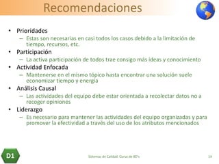 Recomendaciones
• Prioridades
– Estas son necesarias en casi todos los casos debido a la limitación de
tiempo, recursos, etc.
• Participación
– La activa participación de todos trae consigo más ideas y conocimiento
• Actividad Enfocada
– Mantenerse en el mismo tópico hasta encontrar una solución suele
economizar tiempo y energía
• Análisis Causal
– Las actividades del equipo debe estar orientada a recolectar datos no a
recoger opiniones
• Liderazgo
– Es necesario para mantener las actividades del equipo organizadas y para
promover la efectividad a través del uso de los atributos mencionados
14D1 Sistemas de Calidad. Curso de 8D's
 