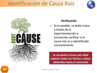 Identificación de Causa Raíz
La verdadera Causa raíz debe
explicar todos los hechos y datos
obtenidos hasta el momento
Verificación
• Si es posible, se debe tratar
a través de la
experimentación o
simulación verificar si la
causa raíz se a identificado
correctamente.
32D4 Sistemas de Calidad. Curso de 8D's
 