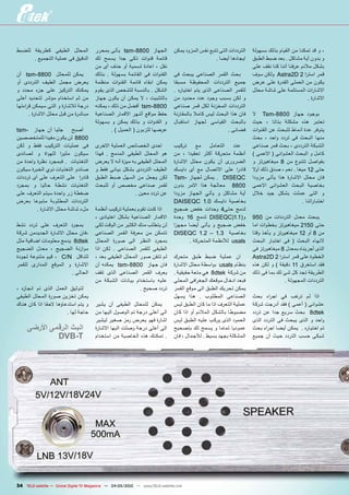 ‫المحلل الطيفى كطريقة للضبط‬             ‫الجهاز 0088-‪ tsm‬يأتى بمحرر‬              ‫الترددات التى تتبع نفس المزود يمكن‬   ‫، و قد تمكنا من القيام بذلك بسهولة‬
      ‫الدقيق فى عملية التجميع .‬        ‫قائمة قنوات ذكى جدا يسمح لك‬                                ‫ايجادها أيضا .‬    ‫و بدون أية مشاكل . بعد ضبط الطبق‬
                                       ‫نقل ، اعادة تسمية أو حذف أى من‬                                               ‫بشكل مالئم عرفنا أننا كنا نقف على‬
‫يمكن للمحلل 0088-‪ tsm‬أن‬                ‫القنوات فى القائمة بسهولة . بذلك‬        ‫بحث القمر الصناعى يبحث فى‬            ‫قمر است را 2 ‪ Astra2D‬ولكن سوف‬
‫يعرض مجمل الطيف الترددى أو‬             ‫يمكن ابقاء قائمة القنوات منظمة‬          ‫جميع الترددات المحفوظة مسبقا‬         ‫يكون من العملى القدرة على عرض‬
‫يمكنك التركيز على جزء محدد و‬           ‫الشكل . بالنسبة للشخص الذى يقوم‬         ‫للقمر الصناعى الذى يتم اختياره .‬     ‫االشا رات المستلمة على شاشة محلل‬
‫من ثم استخدام مؤشر لتحديد أعلى‬         ‫بالتثبيت ، ال يمكن أن يكون جهاز‬         ‫و لكن بسبب وجود عدد محدود من‬                                   ‫االشارة .‬
‫درجة لالشارة و التى سيمكن ق راءتها‬     ‫0088-‪ tsm‬أفضل من ذلك ، يمكنه‬            ‫الترددات المخزنة لكل قمر صناعى‬
      ‫مباشرة من قبل محلل االشارة .‬     ‫حفظ مواقع أشهر االقمار الصناعية‬         ‫فان هذا البحث ليس كامال بالمقارنة‬    ‫بوجود جهاز 0088-‪ Tsm‬ال‬
                                       ‫و القنوات و بذلك يمكن و بسهولة‬          ‫بالبحث القياسى لجهاز استقبال‬         ‫تعتبر هذه مشكلة بتاتا ، حيث‬
‫أصبح جليا أن جهاز -‪tsm‬‬                         ‫عرضها للزبون ( العميل ) .‬                               ‫فضائى .‬      ‫يتوفر عدة أنماط للبحث عن القنوات‬
‫0088 لن يكون مفيدا للمتخصصين‬                                                                                        ‫منها البحث فى تردد واحد ، بحث‬
‫فى عمليات التركيب فقط و لكن‬            ‫احدى الخصائص العملية االخرى‬             ‫تركيب‬      ‫مع‬    ‫التعامل‬   ‫عند‬       ‫الشبكة الترددى ، بحث قمر صناعى‬
‫سيكون مثي را للهواة و لصائدى‬           ‫هو المحلل الطيفى المدمج . فهذا‬          ‫أنظمة متحركة أكثر تعقيدا ، من‬        ‫كامل و البحث العشوائى ( االعمى )‬
‫التغذيات . فبمجرد نظرة واحدة من‬        ‫المحلل الطيفى به ميزة أنه ال يعرض‬       ‫الضرورى أن يكون محلل االشارة‬         ‫بفواصل تتنوع من 8 ميغاهيرتز و‬
‫صائدو التغذيات ذوي الخبرة سيكون‬        ‫الطيف الترددى بشكل بيانى فقط و‬          ‫قاد را على االتصال مع أى دايسك‬       ‫حتى 21 ميغا . نعم ، صدق ذلك أوال‬
‫قاد را على التعرف على أى ترددات‬        ‫لكن يجعل من السهل ضبط الطبق‬             ‫‪ . DISEQC‬يمكن لجهاز -‪Tsm‬‬             ‫فان محلل االشارة هذا يأتى مزودا‬
‫التغذيات نشطة حاليا و بمجرد‬            ‫لقمر صناعى مخصص أو للبحث‬                ‫0088 معالجة هذا االمر بدون‬           ‫بخاصية البحث العشوائى االعمى‬
‫ضغطة زر واحدة سيتم التعرف على‬                            ‫عن تردد معين .‬        ‫أية مشاكل و يأتي الجهاز مزودا‬        ‫و التى عملت بشكل جيد خالل‬
‫الترددات المطلوبة متبوعا بعرض‬                                                  ‫بخاصية دايسك 0.1 ‪DAISEQC‬‬                                    ‫اختبا راتنا .‬
         ‫ملء شاشة محلل االشارة .‬       ‫اذا كنت تقوم بعملية تركيب أنظمة‬         ‫لدمج حتى4 وحدات خفض ضجيج‬
                                       ‫االقمار الصناعية بشكل اعتيادى ،‬         ‫و(1.1(‪ DISEQC‬لدمج 61 وحدة‬            ‫يبحث معدل الترددات من 059‬
‫بمجرد التعرف على تردد نشط‬              ‫لن يتطلب منك الكثير من الوقت لكى‬        ‫خفض ضجيج و يأتى أيضا مجه زا‬          ‫حتى 0512 ميغاهيرتز بخطوات اما‬
‫،فان محلل االشارة الجديدمن شركة‬        ‫تتمكن من معرفة القمر الصناعى‬            ‫بخاصية 3.1 – 2.1 ‪DISEQC‬‬              ‫من 8 أو 21 ميغاهيرتز و يأخذ وقتا‬
‫‪ 8dtek‬يدمج معلومات اضافية مثل‬          ‫بمجرد النظر الى صورة المحلل‬                     ‫‪ usals‬لألنظمة المتحركة .‬     ‫النهاء البحث ( فى اختبار البحث‬
‫موازنة الضجيج ، معدل الضجيج‬            ‫الطيفى للقمر الصناعى . لكن اذا‬                                               ‫الذى أجريناه بمعدل 8 ميغاهيرتز فى‬
‫للناقل ‪ ، C/N‬قيم متنوعة لجودة‬          ‫لم تتقن صور المحلل الطيفى بعد ،‬         ‫ان عملية ضبط طبق متحرك‬               ‫الخطوة على قمر است را 2 ‪Astra2D‬‬
‫االشارة و الموقع المدارى للقمر‬         ‫فان جهاز 0088-‪ tsm‬يمكنه أن‬              ‫بنظام ‪ usals‬بواسطة محلل االشارة‬      ‫فقد استغرق 11 دقيقة ) و لكن هذه‬
                        ‫الحالى .‬       ‫يعرف القمر الصناعى الذى تقف‬             ‫من شركة ‪ 8dtek‬هي متعة حقيقية .‬       ‫الطريقة تجد كل شئ لك بما فى ذلك‬
                                       ‫عليه باستخدام بيانات الشبكة من‬          ‫فبعد ادخال موقعك الجغ رافى المحلى‬                   ‫الترددات المجهولة .‬
‫لتوثيق العمل الذى تم انجازه ،‬                               ‫تردد صحيح .‬        ‫يمكن تحريك الطبق الى موقع القمر‬
‫يمكن تخزين صورة المحلل الطيفى‬                                                  ‫الصناعى المطلوب . هذا يسهل‬           ‫اذا لم ترغب في اج راء بحث‬
‫و يتم استدعاؤها الحقا اذا كان هناك‬     ‫يمكن للمحلل الطيفى أن يشير‬              ‫عملية التعرف اذا ما كان الطبق ليس‬    ‫عشوائى ( أعمى ) فقد أدرجت شركة‬
                        ‫حاجة لها .‬     ‫الى أعلى درجة تم الوصول اليها من‬        ‫مضبوطا بالشكل المالئم أو اذا كان‬     ‫‪ 8dtek‬بحث سريع جدا عن تردد‬
                                       ‫اشارة فهو يعرض رمز صغير ليشير‬           ‫العمود الذى يركب عليه الطبق ليس‬      ‫واحد و الذى يبحث فى التردد الذى‬
     ‫البث الرقمى األرضى‬                ‫الى أعلى درجة وصلت اليها االشارة‬        ‫عموديا تماما و يسمح لك بتصحيح‬        ‫تم اختياره . يمكن أيضا اج راء بحث‬
              ‫‪dVB-T‬‬                    ‫. تمكنك هذه الخاصية من استخدام‬          ‫المشكلة بجهد بسيط . لالجمال ، فان‬    ‫شبكى حسب التردد حيث أن جميع‬




‫‪34 TELE-satellite — Global Digital TV Magazine — 04-05/2010 — www.TELE-satellite.com‬‬
 