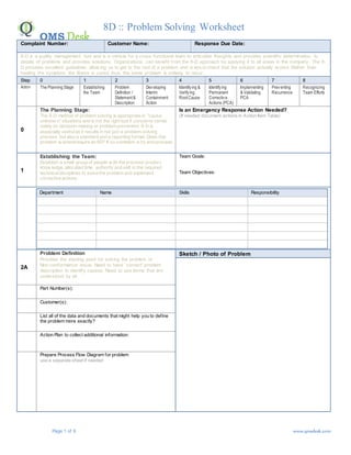 Page 1 of 6 www.qmsdesk.com
QMS Desk
8D :: Problem Solving Worksheet
Complaint Number: Customer Name: Response Due Date:
8-D is a quality management tool and is a vehicle for a cross-functional team to articulate thoughts and provides scientific determination to
details of problems and provides solutions. Organizations can benefit from the 8-D approach by applying it to all areas in the company. The 8-
D provides excellent guidelines allow ing us to get to the root of a problem and w ays to check that the solution actually w orks. Rather than
healing the symptom, the illness is cured, thus, the same problem is unlikely to recur.
Step 0 1 2 3 4 5 6 7 8
Action The Planning Stage Establishing
the Team
Problem
Definition /
Statement&
Description
Developing
Interim
Containment
Action
Identifying &
Verifying
RootCause
Identifying
Permanent
Corrective
Actions (PCA)
Implementing
& Validating
PCA
Preventing
Recurrence
Recognizing
Team Efforts
0
The Planning Stage:
The 8-D method of problem solving is appropriate in "cause
unknow n" situations and is not the right tool if concerns center
solely on decision-making or problem prevention. 8-D is
especially usefulas it results in not just a problem-solving
process, but also a standard and a reporting format. Does this
problem w arrant/require an 8D? If so comment w hy and proceed.
Is an Emergency Response Action Needed?
(If needed document actions in Action Item Table)
1
Establishing the Team:
Establish a small group of people w ith the process/ product
know ledge, allocated time, authority and skill in the required
technicaldisciplines to solve the problem and implement
corrective actions.
Team Goals:
Team Objectives:
Department Name Skills Responsibility
2A
Problem Definition
Provides the starting point for solving the problem or
Non-conformance issue. Need to have “correct” problem
description to identify causes. Need to use terms that are
understood by all.
Sketch / Photo of Problem
Part Number(s):
Customer(s):
List all of the data and documents that might help you to define
the problem more exactly?
Action Plan to collect additional information:
Prepare Process Flow Diagram for problem
use a separate sheet if needed
 
