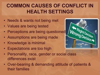 COMMON CAUSES OF CONFLICT IN
HEALTH SETTINGS
• Needs & wants not being met
• Values are being tested
• Perceptions are being questioned
• Assumptions are being made
• Knowledge is minimal
• Expectations are too high
• Personality, race, gender or social class
differences exist
• Over-bearing & demanding attitude of patients &
their families
 