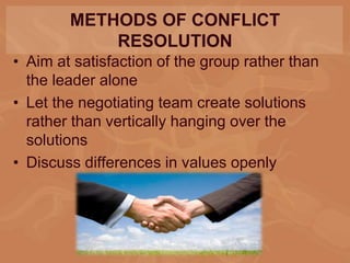 METHODS OF CONFLICT
RESOLUTION
• Aim at satisfaction of the group rather than
the leader alone
• Let the negotiating team create solutions
rather than vertically hanging over the
solutions
• Discuss differences in values openly
 