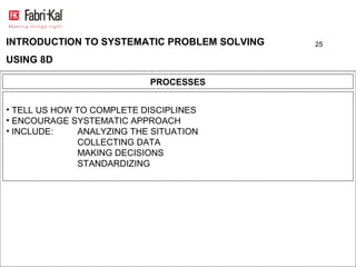 INTRODUCTION TO SYSTEMATIC PROBLEM SOLVING   25

USING 8D

                            PROCESSES


• TELL US HOW TO COMPLETE DISCIPLINES
• ENCOURAGE SYSTEMATIC APPROACH
• INCLUDE:     ANALYZING THE SITUATION
               COLLECTING DATA
               MAKING DECISIONS
               STANDARDIZING
 