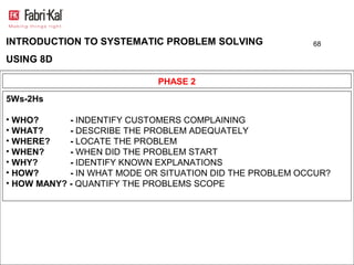 INTRODUCTION TO SYSTEMATIC PROBLEM SOLVING                68

USING 8D

                             PHASE 2
5Ws-2Hs

• WHO?      - INDENTIFY CUSTOMERS COMPLAINING
• WHAT?     - DESCRIBE THE PROBLEM ADEQUATELY
• WHERE?    - LOCATE THE PROBLEM
• WHEN?     - WHEN DID THE PROBLEM START
• WHY?      - IDENTIFY KNOWN EXPLANATIONS
• HOW?      - IN WHAT MODE OR SITUATION DID THE PROBLEM OCCUR?
• HOW MANY? - QUANTIFY THE PROBLEMS SCOPE
 