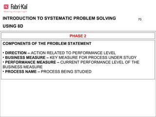 INTRODUCTION TO SYSTEMATIC PROBLEM SOLVING             70

USING 8D

                           PHASE 2
COMPONENTS OF THE PROBLEM STATEMENT

• DIRECTION – ACTION RELATED TO PERFORMANCE LEVEL
• BUSINESS MEASURE – KEY MEASURE FOR PROCESS UNDER STUDY
• PERFORMANCE MEASURE – CURRENT PERFORMANCE LEVEL OF THE
BUSINESS MEASURE
• PROCESS NAME – PROCESS BEING STUDIED
 