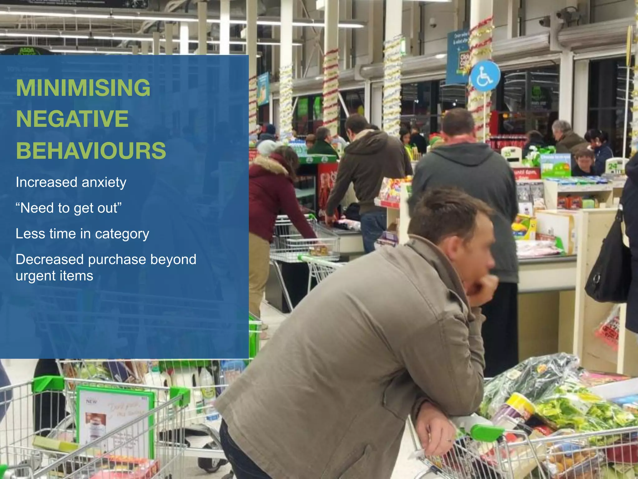 MINIMISING
NEGATIVE
BEHAVIOURS
Increased anxiety
“Need to get out”
Less time in category
Decreased purchase beyond
urgent items
 