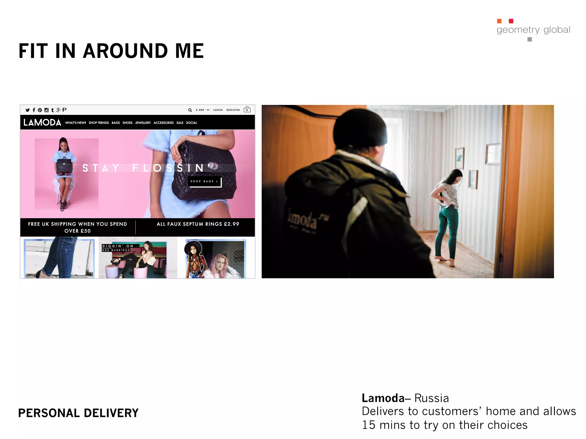 FIT IN AROUND ME
Lamoda– Russia
Delivers to customers’ home and allows
15 mins to try on their choices
PERSONAL DELIVERY
 