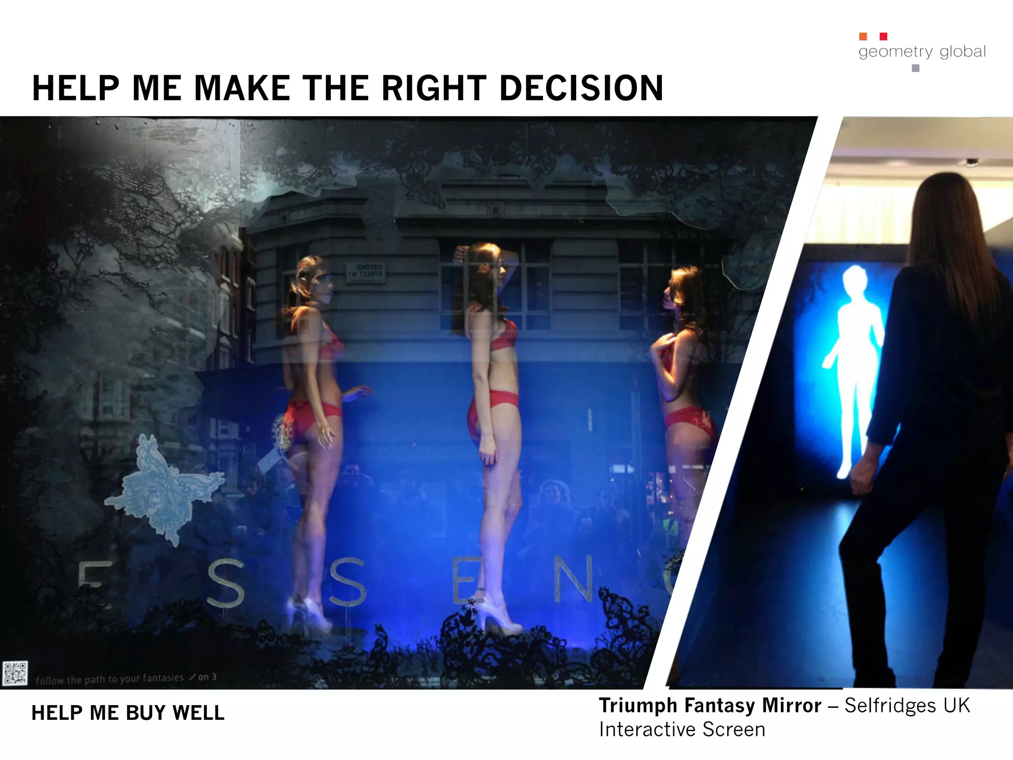 THE PERFECT WEAR FOR EVERY OCCASION
HELP ME MAKE THE RIGHT DECISION
Triumph Fantasy Mirror – Selfridges UK
Interactive Screen
HELP ME BUY WELL
 