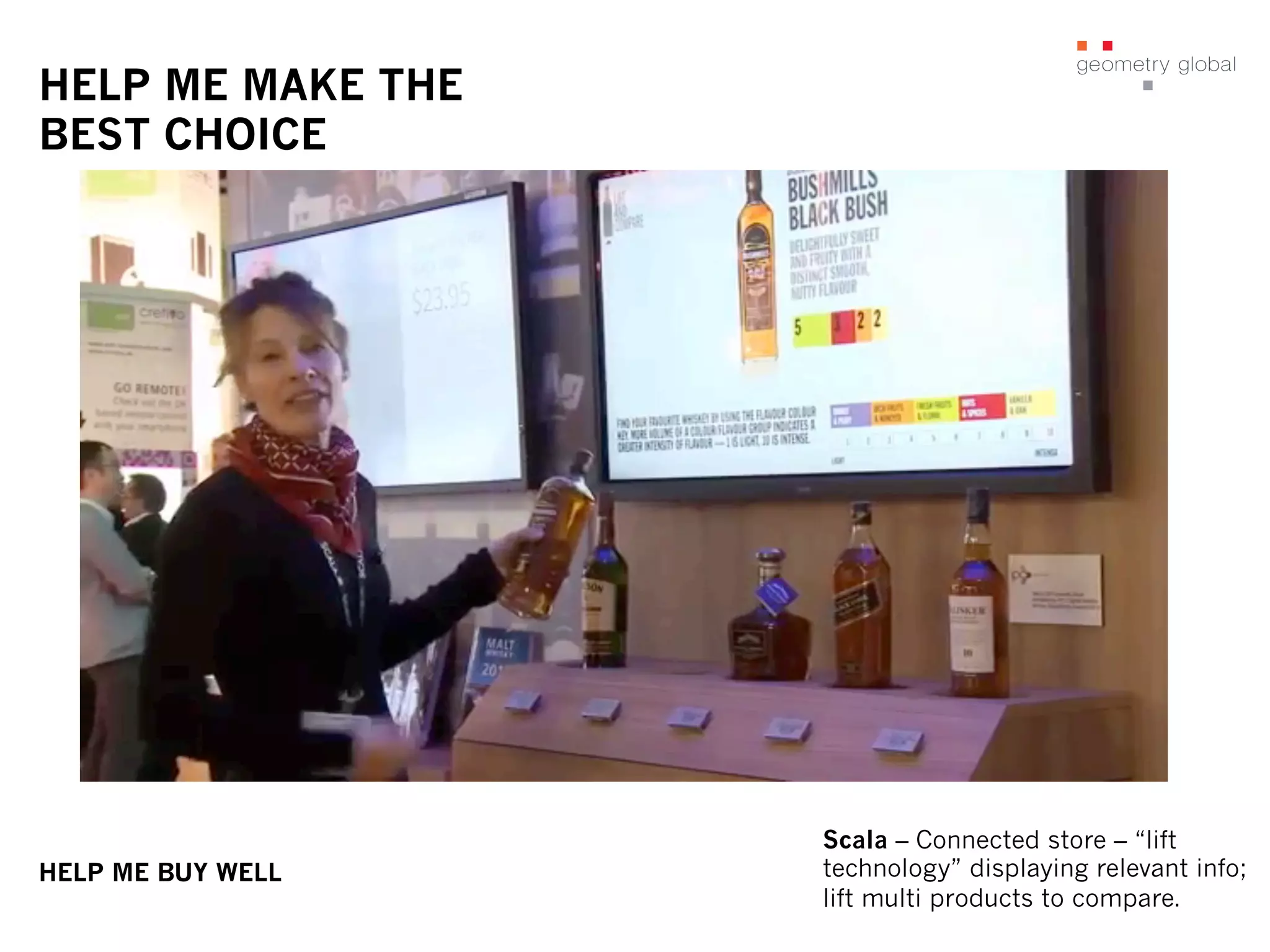 HELP ME MAKE THE
BEST CHOICE
HELP ME BUY WELL
Scala – Connected store – “lift
technology” displaying relevant info;
lift multi products to compare.
 