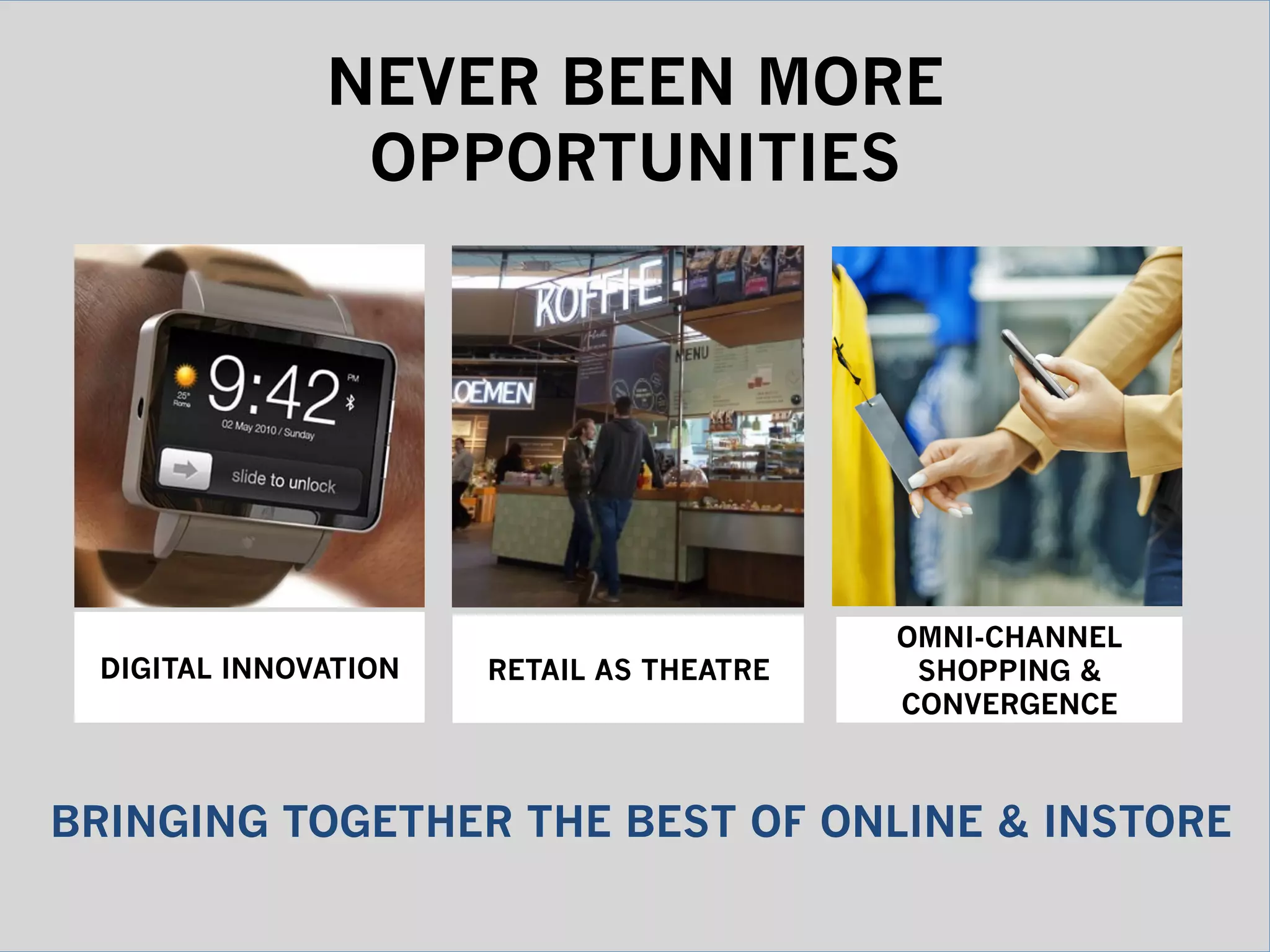 DIGITAL INNOVATION
OMNI-CHANNEL
SHOPPING &
CONVERGENCE
RETAIL AS THEATRE
BRINGING TOGETHER THE BEST OF ONLINE & INSTORE
NEVER BEEN MORE
OPPORTUNITIES
 