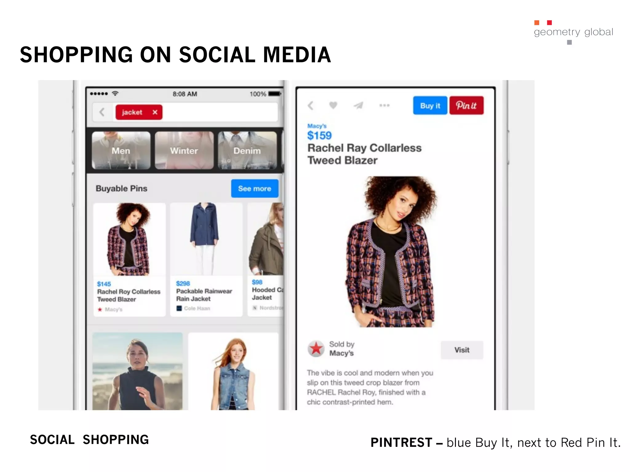 SHOPPING ON SOCIAL MEDIA
PINTREST – blue Buy It, next to Red Pin It.SOCIAL SHOPPING
 
