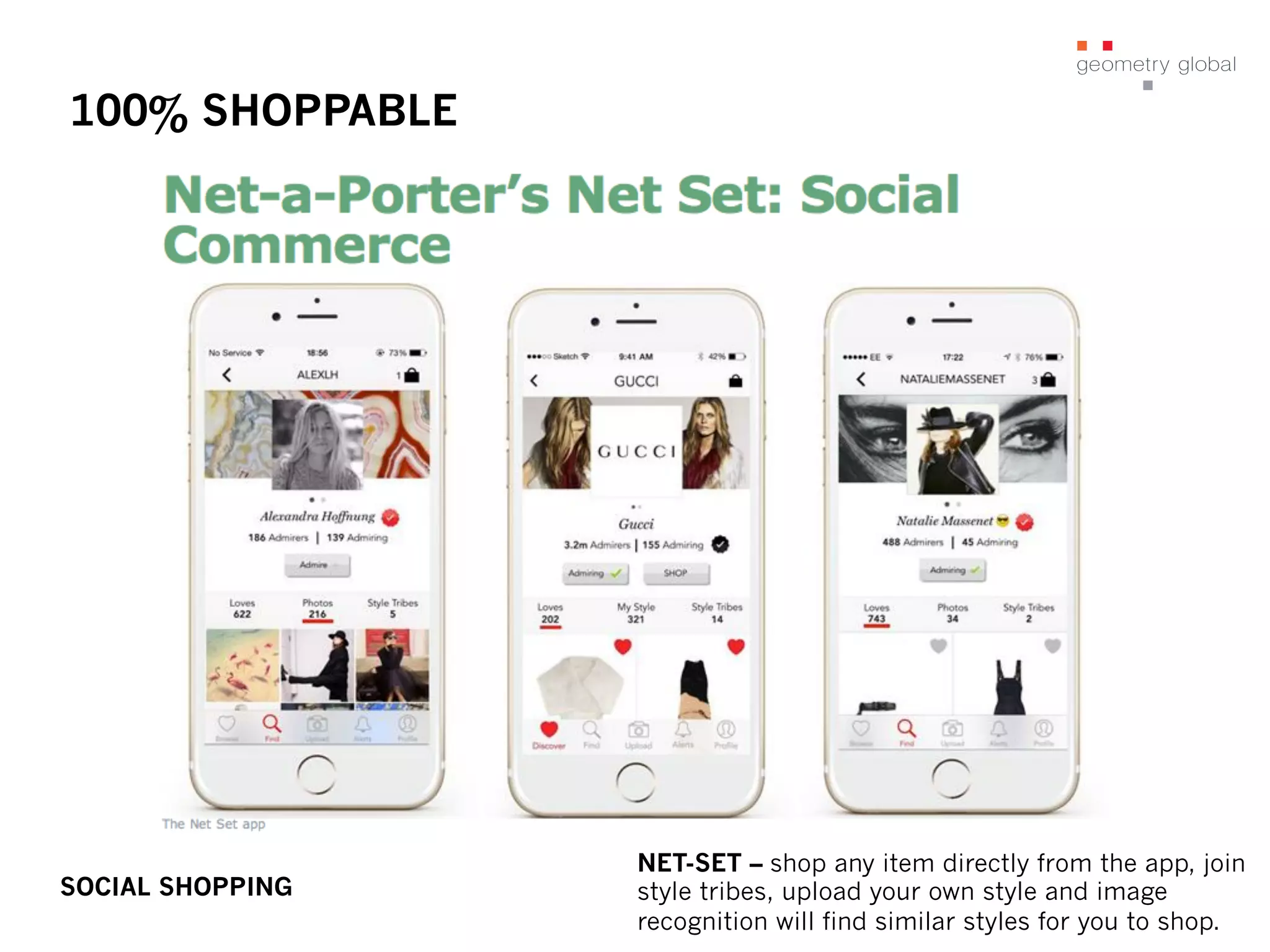 100% SHOPPABLE
NET-SET – shop any item directly from the app, join
style tribes, upload your own style and image
recognition will find similar styles for you to shop.
SOCIAL SHOPPING
 