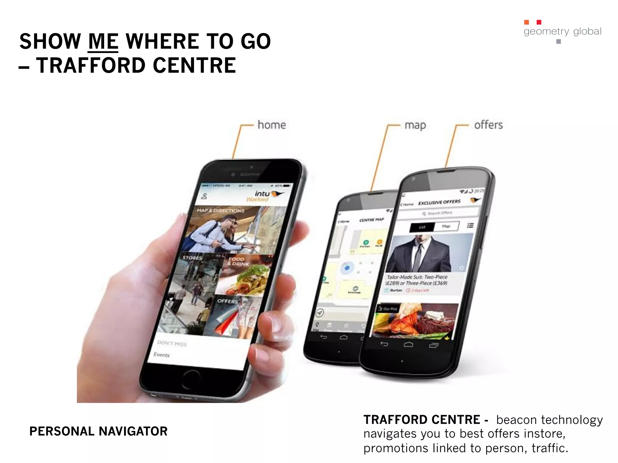 SHOW ME WHERE TO GO
– TRAFFORD CENTRE
TRAFFORD CENTRE - beacon technology
navigates you to best offers instore,
promotions linked to person, traffic.
PERSONAL NAVIGATOR
 