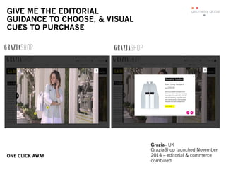 GIVE ME THE EDITORIAL
GUIDANCE TO CHOOSE, & VISUAL
CUES TO PURCHASE
ONE CLICK AWAY
Grazia– UK
GraziaShop launched November...