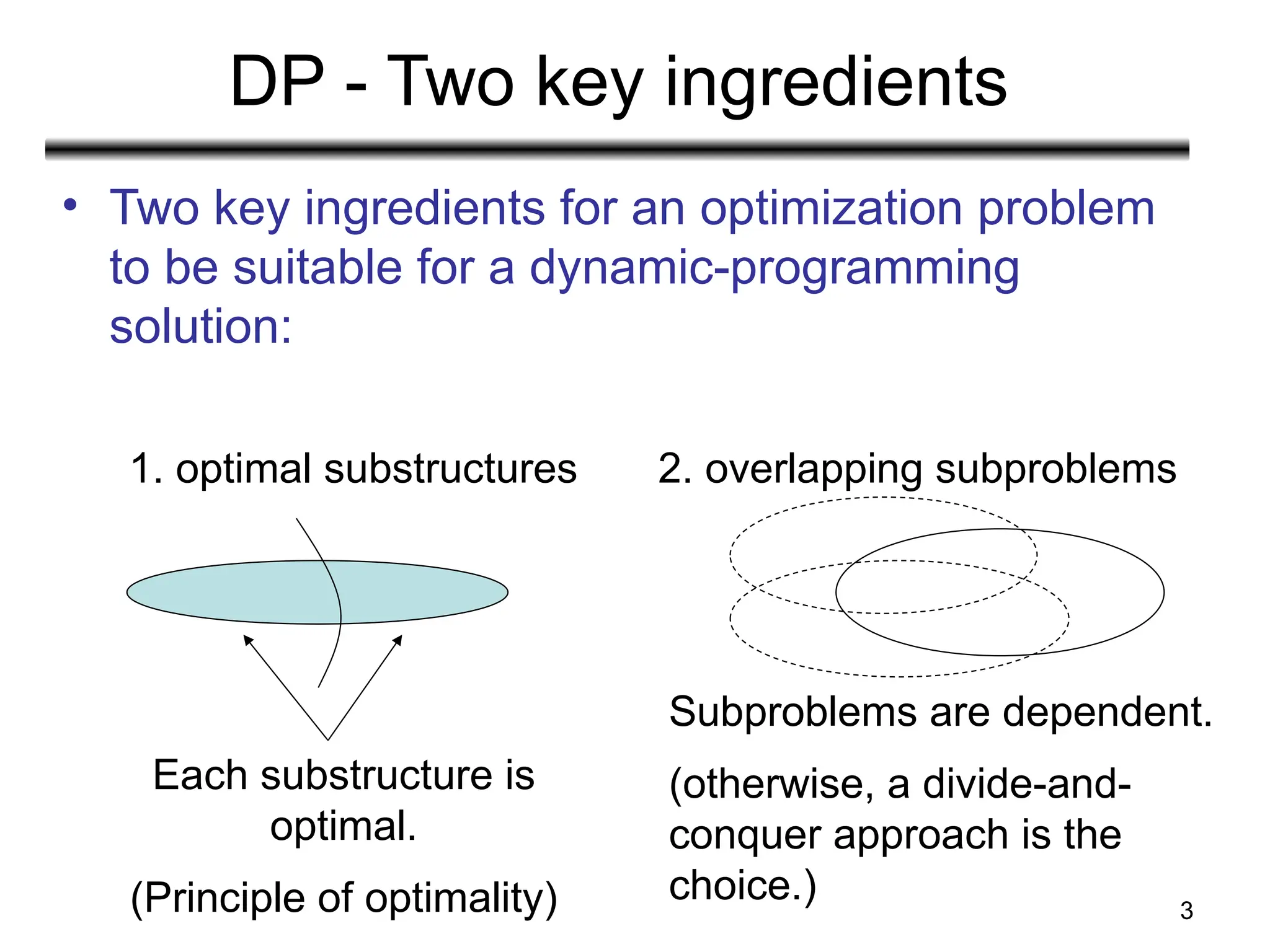 3
DP - Two key ingredients
• Two key ingredients for an optimization problem
to be suitable for a dynamic-programming
solution:
Each substructure is
optimal.
(Principle of optimality)
1. optimal substructures 2. overlapping subproblems
Subproblems are dependent.
(otherwise, a divide-and-
conquer approach is the
choice.)
 