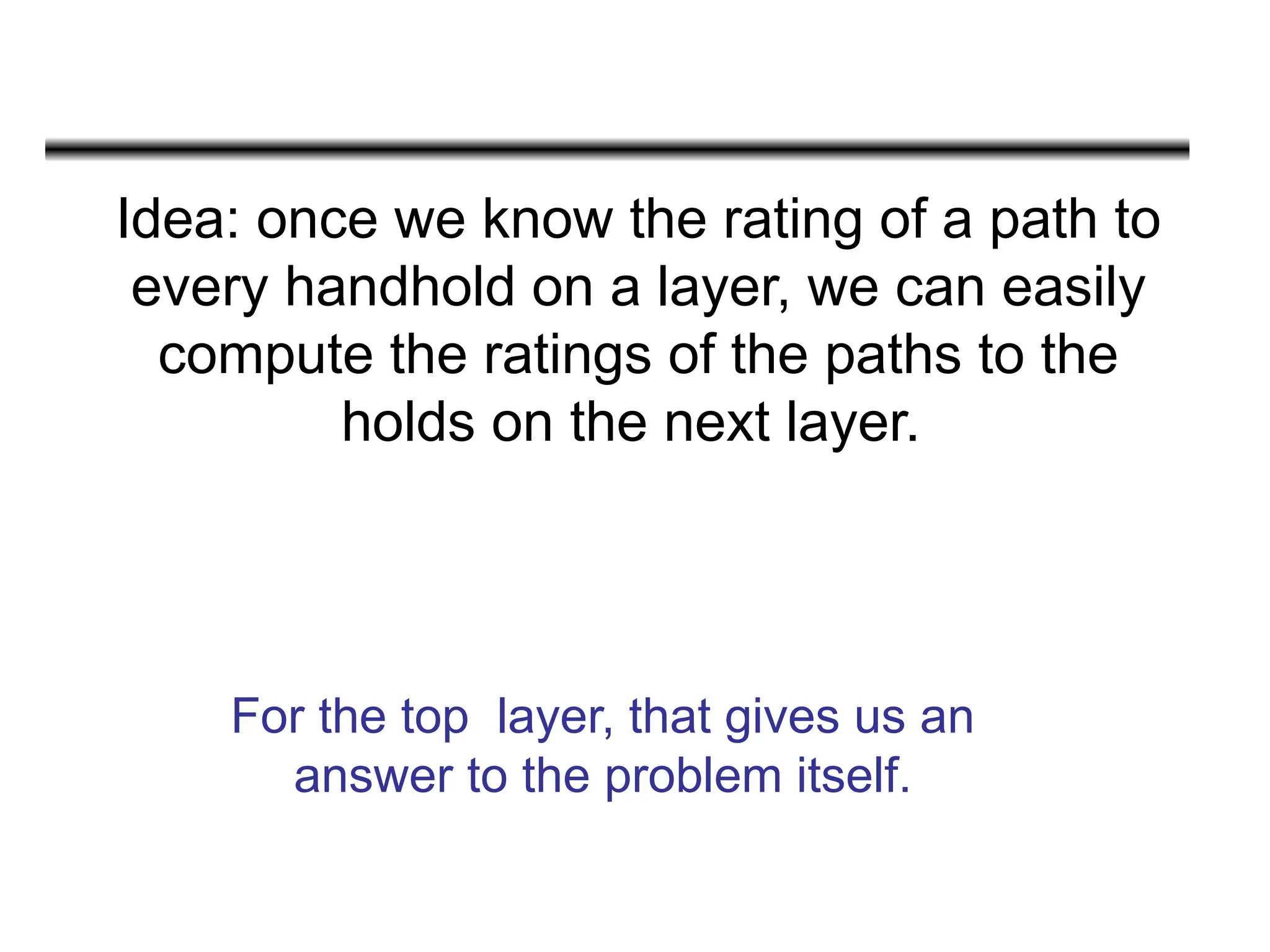Idea: once we know the rating of a path to
every handhold on a layer, we can easily
compute the ratings of the paths to the
holds on the next layer.
For the top layer, that gives us an
answer to the problem itself.
 