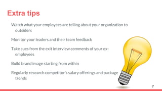Extra tips
Watch what your employees are telling about your organization to
outsiders
Monitor your leaders and their team ...