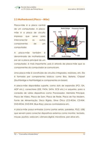 Escola Secundária
c/ 3º C.E.B. de Pinhal Novo Ano letivo 2012/2013
TIC – “Conceitos Introdutórios” 10
2.3 Motherboard (Placa – Mãe)
Placa-mãe é a placa central
de um computador. A placa-
mãe é a placa de circuito
impresso que serve para
interconectar os outros
componentes de um
computador.
A placa-mãe também é
denominada de motherboard,
por ser a placa principal de um
computador, é mais importante, pois é através da placa-mãe que os
componentes do computador se comunicam.
Uma placa-mãe é constituída de circuitos integrados, resistores, etc. Ela
é formada por componentes básicos como Bios, Bateria, Chipset
(Southbridge e Northbridge) e componentes on-board.
A placa-mãe disponibiliza suporte, como slots de expansão (PCI, ISA,
AGP etc.), conectores (IDE, PATA, SATA, SCSI etc.) e soquetes, para a
conexão de vários dispositivos como Processador, Memória Principal,
Placa de Vídeo, Placa de Som, Placa de Rede, Placa de Fax Modem,
Fonte de Alimentação, Disco Rígido, Drive Ótico (CD-ROM, CD-RW,
DVD-ROM, DVD-RW, Blue-Ray), placas controladoras etc.
A placa-mãe possui entradas (como portas seriais, paralelas, PS/2, USB)
que servem para conectar dispositivos externos como monitor, teclado,
mouse, joystick, webcam, câmara digital, microfone, pen drive etc.
 
