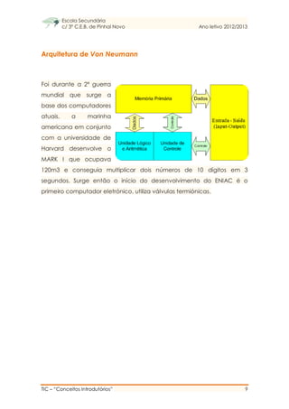 Escola Secundária
c/ 3º C.E.B. de Pinhal Novo Ano letivo 2012/2013
TIC – “Conceitos Introdutórios” 9
Arquitetura de Von Neumann
Foi durante a 2ª guerra
mundial que surge a
base dos computadores
atuais, a marinha
americana em conjunto
com a universidade de
Harvard desenvolve o
MARK I que ocupava
120m3 e conseguia multiplicar dois números de 10 dígitos em 3
segundos. Surge então o início do desenvolvimento do ENIAC é o
primeiro computador eletrónico, utiliza válvulas termiónicas.
 