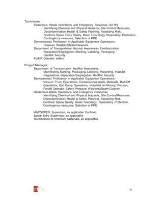 Technician: 
Hazardous Waste Operations and Emergency Response (40 Hr) 
Identifying Chemical and Physical Hazards, Site Control Measures, 
Decontamination, Health & Safety Planning, Assessing Risk, 
Confined Space Entry Safety, Basic Toxicology, Respiratory Protection, 
Contingency measures, Selection of PPE 
Demonstrated Proficiency in Applicable Equipment Operations: 
Pressure Washer/Steam Cleaners 
Department of Transportation Hazmat Awareness: Familiarization 
Separation/Segregation,Marking, Labeling, Packaging, 
HazMat Security 
Forklift Operator safety 
Project Manager: 
Department of Transportation HazMat Awareness: 
Manifesting, Marking, Packaging, Labeling, Placarding, HazMat 
Regulations, Separation/Segregation, HazMat Security 
Demonstrated Proficiency in Applicable Equipment Operations: 
Vacuum Truck Operations, Containerized Waste Materials, Roll-Off 
Operations, End Dump Operations, Industrial Air Moving Vacuum, 
Forklift Operator Safety, Pressure Washers/Steam Cleaner 
Hazardous Waste Operations and Emergency Response 
Identifying Chemical and Physical Hazards, Site ControlMeasures, 
Decontamination, Health & Safety Planning, Assessing Risk, 
Confined Space Safety, Basic Toxicology, Respiratory Protection, 
Contingency measures, Selection of PPE 
HAZWOPER Supervisor, as applicable Confined 
Space Entry Supervisor, as applicable 
Identification of Unknown Materials,as applicable 
.· rl''·. 6 
 