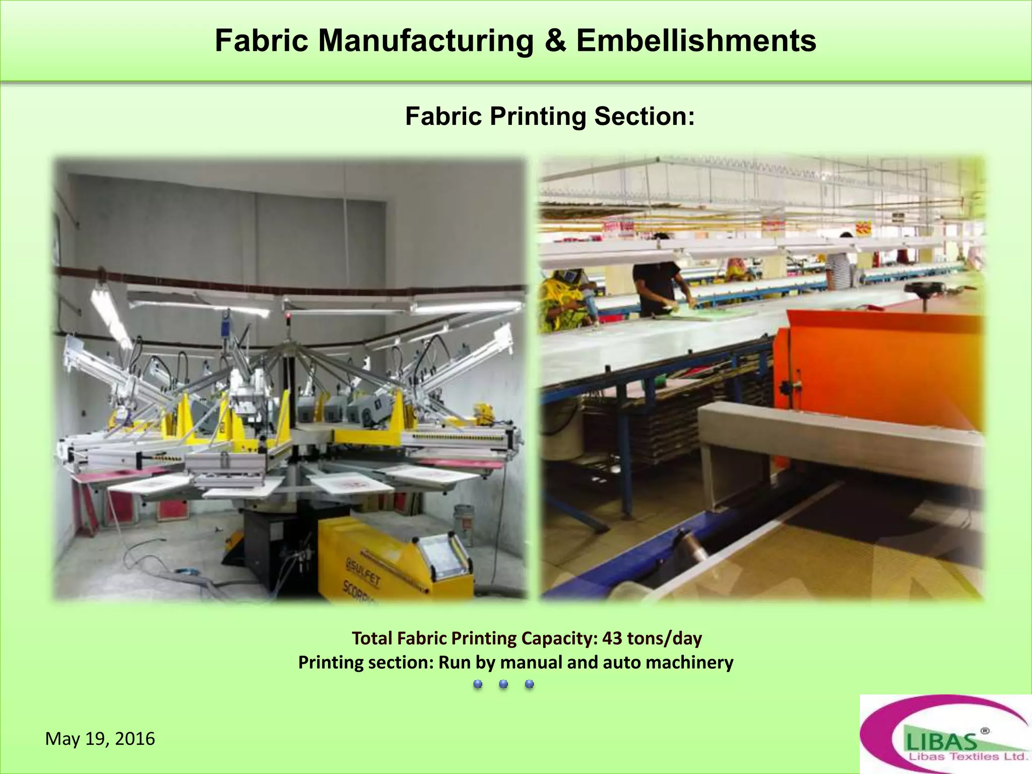 Total Fabric Printing Capacity: 43 tons/day
Printing section: Run by manual and auto machinery
Fabric Printing Section:
Fabric Manufacturing & Embellishments
May 19, 2016
 