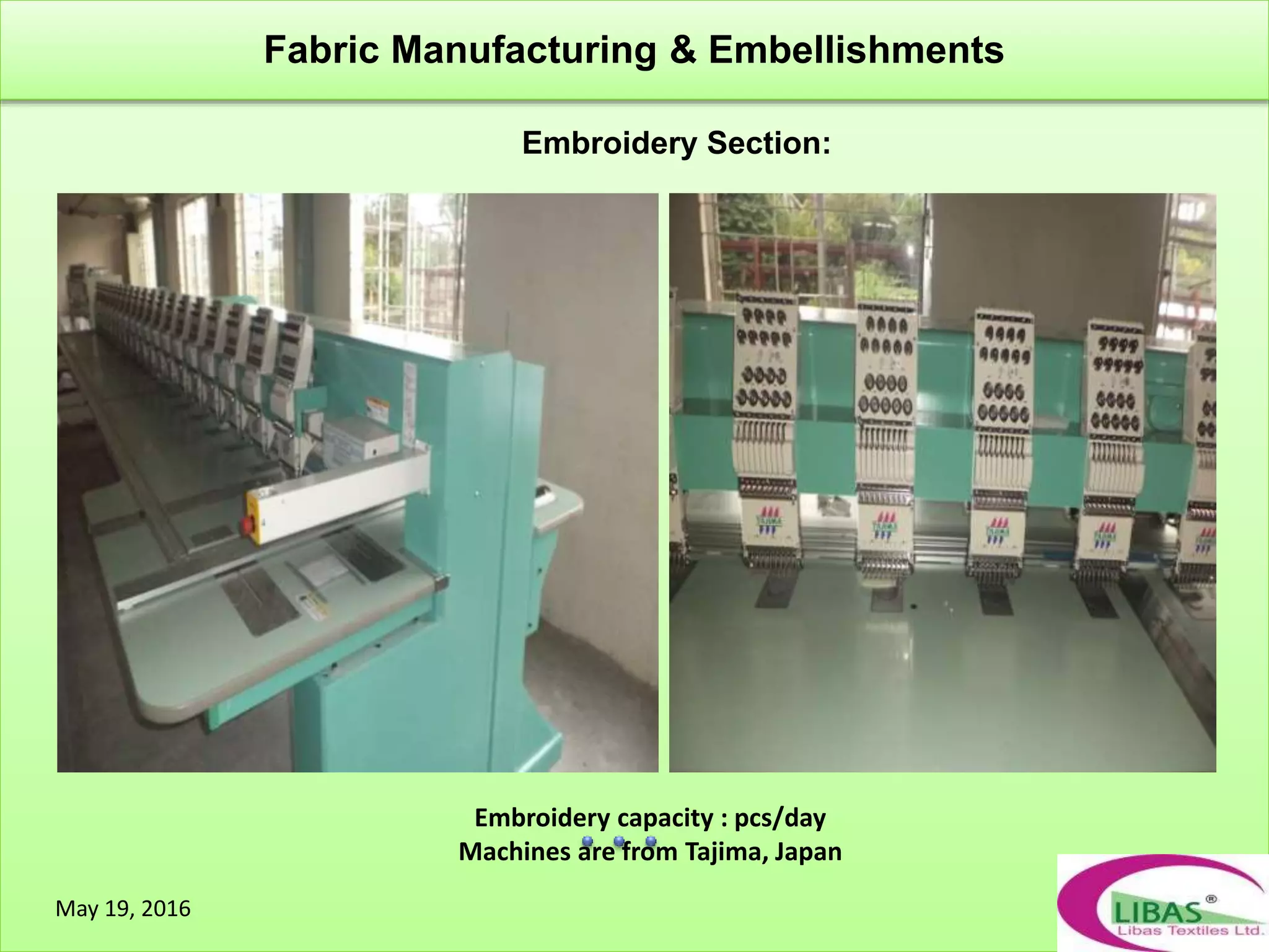 Embroidery Section:
Fabric Manufacturing & Embellishments
May 19, 2016
Embroidery capacity : pcs/day
Machines are from Tajima, Japan
 