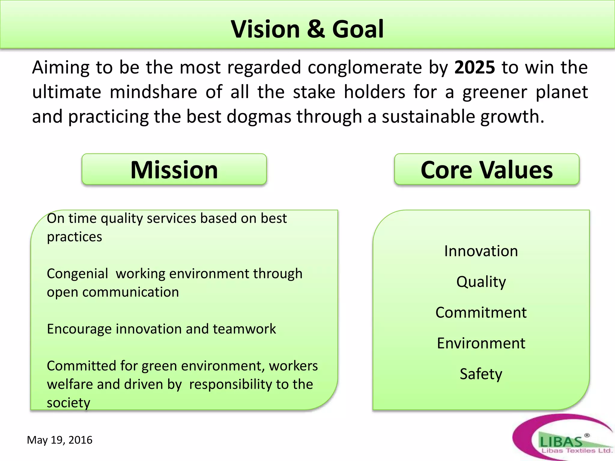Vision & Goal
Aiming to be the most regarded conglomerate by 2025 to win the
ultimate mindshare of all the stake holders for a greener planet
and practicing the best dogmas through a sustainable growth.
Mission Core Values
On time quality services based on best
practices
Congenial working environment through
open communication
Encourage innovation and teamwork
Committed for green environment, workers
welfare and driven by responsibility to the
society
Innovation
Quality
Commitment
Environment
Safety
May 19, 2016
 