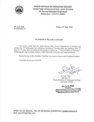 Certificate from WIHG Dehradun