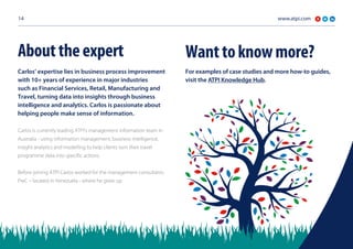 14
Wanttoknowmore?
For examples of case studies and more how-to guides,
visit the ATPI Knowledge Hub.
www.atpi.com
Carlos’ expertise lies in business process improvement
with 10+ years of experience in major industries
such as Financial Services, Retail, Manufacturing and
Travel, turning data into insights through business
intelligence and analytics. Carlos is passionate about
helping people make sense of information.
Carlos is currently leading ATPI’s management information team in
Australia - using information management, business intelligence,
insight analytics and modelling to help clients turn their travel
programme data into specific actions.
Before joining ATPI Carlos worked for the management consultants
PwC – located in Venezuela - where he grew up.
Abouttheexpert
 