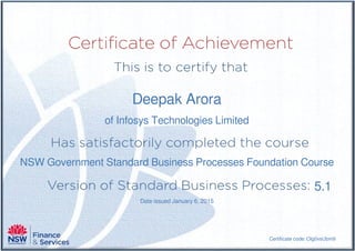 Deepak Arora
of Infosys Technologies Limited
NSW Government Standard Business Processes Foundation Course
Date issued January 6, 2015
Certificate code: Olg0vsUbm9
5.1
Powered by TCPDF (www.tcpdf.org)
 