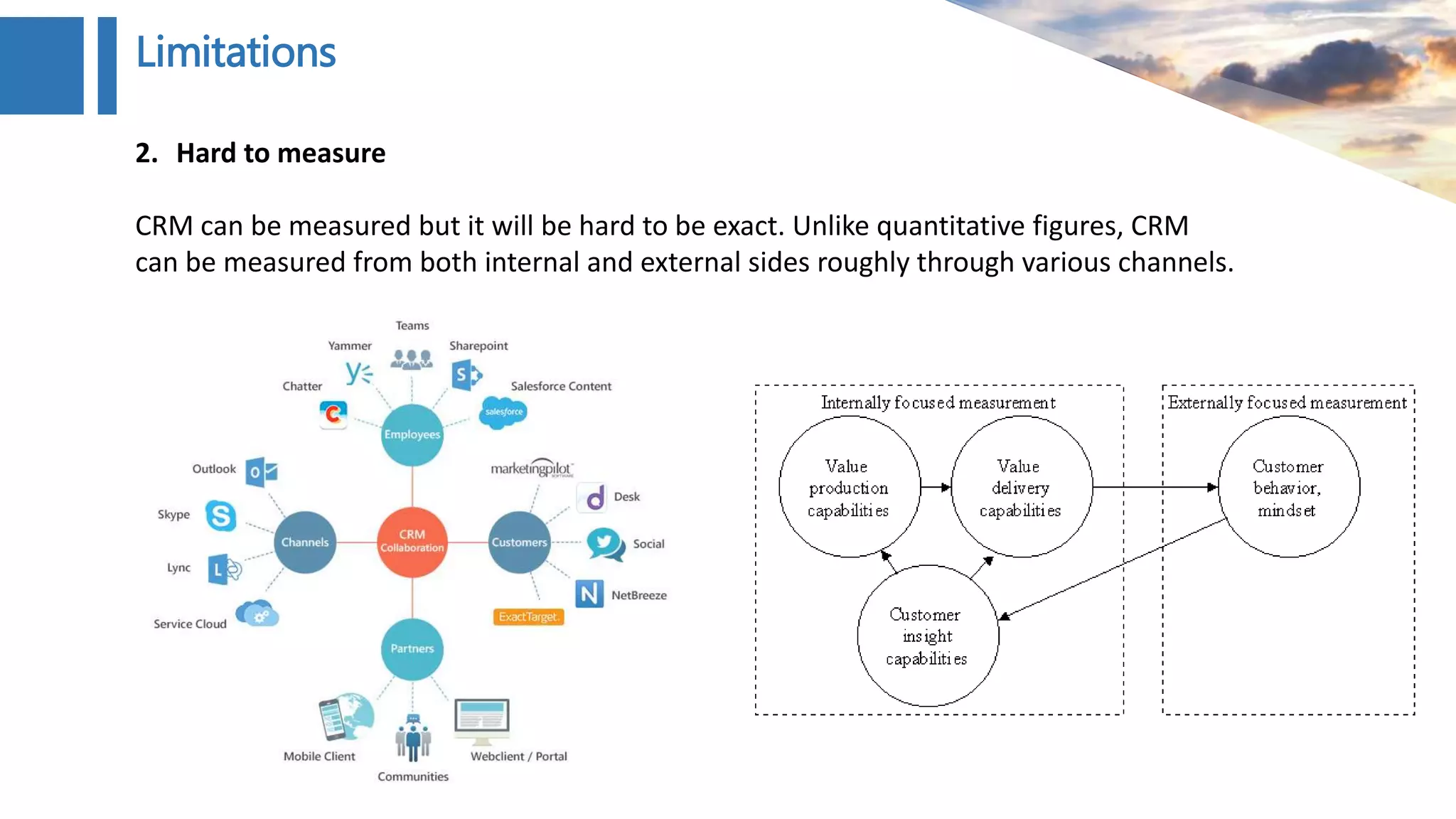 2. Hard to measure
CRM can be measured but it will be hard to be exact. Unlike quantitative figures, CRM
can be measured from both internal and external sides roughly through various channels.
Limitations
 