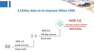 2.Utilize data to to improve Hilton CRM
Classic web
Browser, Email, links
WEB 1.0
Social web
Wiki, Blogs, interactive
WEB 2.0
Web of Data
Any media, any place, any device
WEB 3.0
 