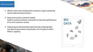 1. Attract more new and potential customers to get involved by
social media brand promotion.
2. Keep and increase customer loyalty
Collect customers diverse comments to track the performance
of current customer service.
3. Improve guest personalized experience by analyzing data.
Use data to personalize and provide a list of options within
Hilton's capacity.
Recommendation
BIG
DATA
 