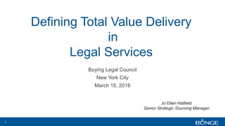 1
Defining Total Value Delivery
in
Legal Services
Buying Legal Council
New York City
March 15, 2016
Jo Ellen Hatfield
Senior Strategic Sourcing Manager
 